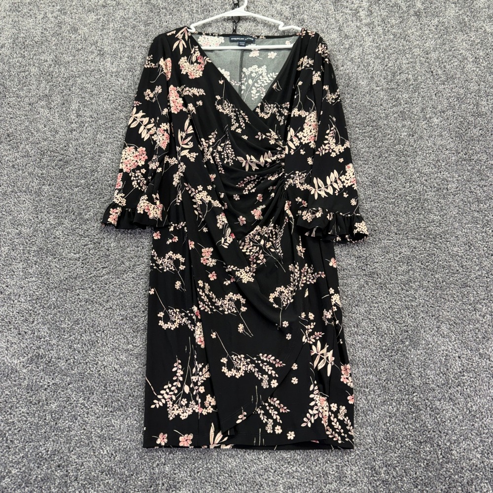 American Living Faux Wrap Dress Womens 10 Black Floral Ruffle Sleeve V-Neck